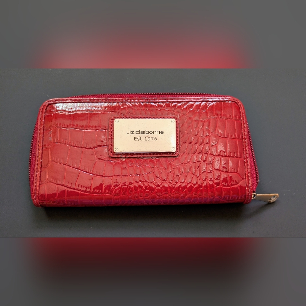 Liz Claiborne Red Croc-Texture Zipper Wallet